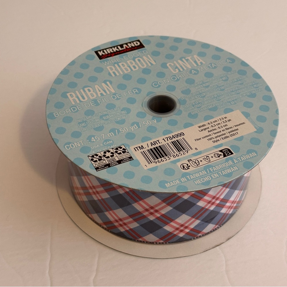 New Kirkland Signature Wired-Edged Ribbon Blue and Red Plaid 50Yard